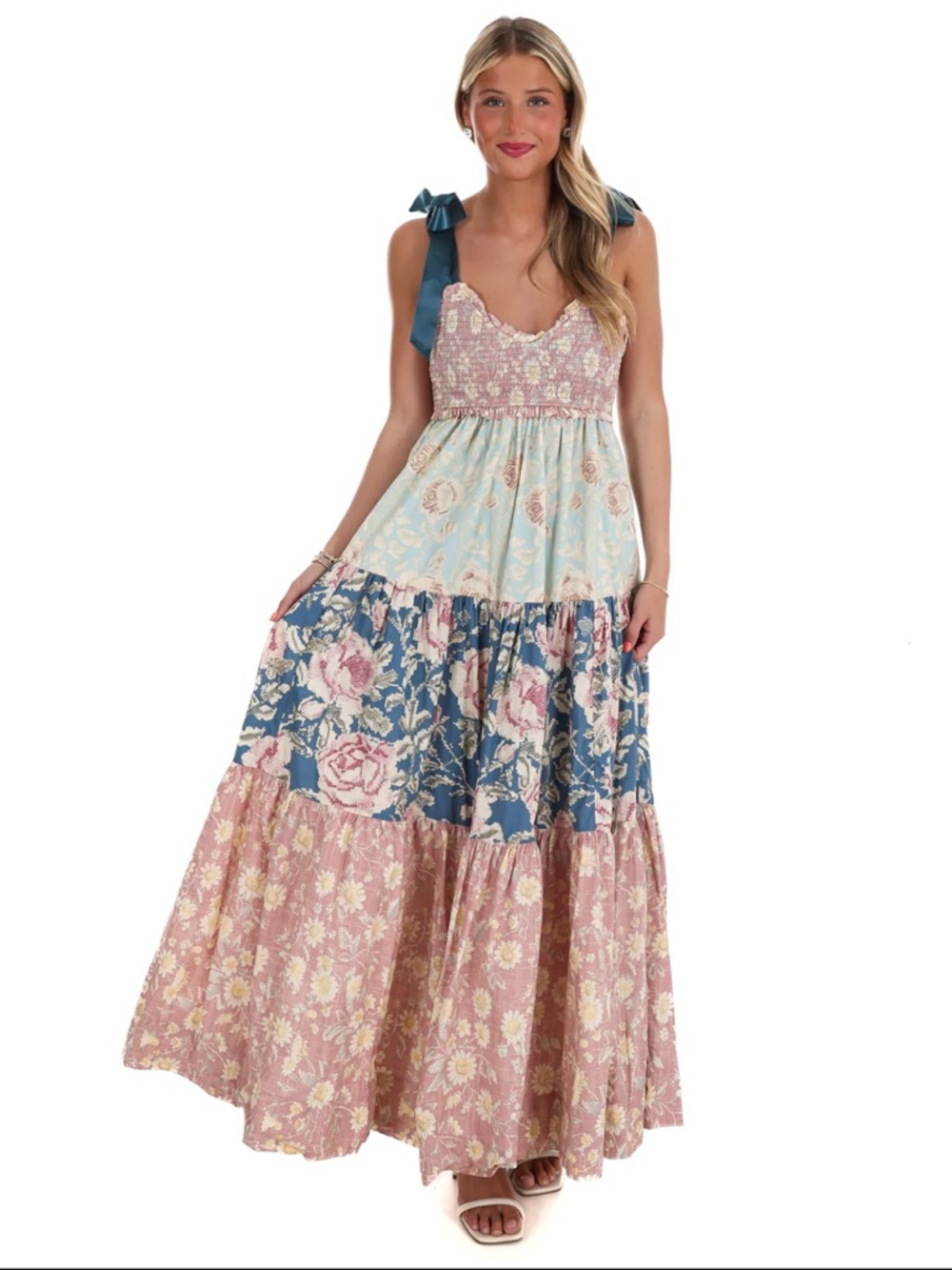 Free People Multi-Panel Floral Maxi Dress with Teal Shoulder Ties